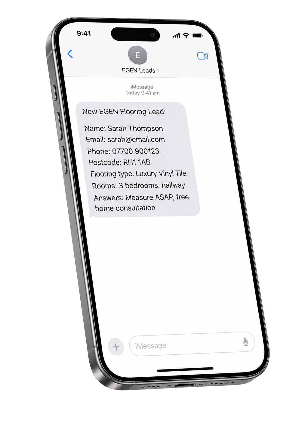 An iPhone showing an iMessage from EGEN Leads with a new pre-qualified flooring lead