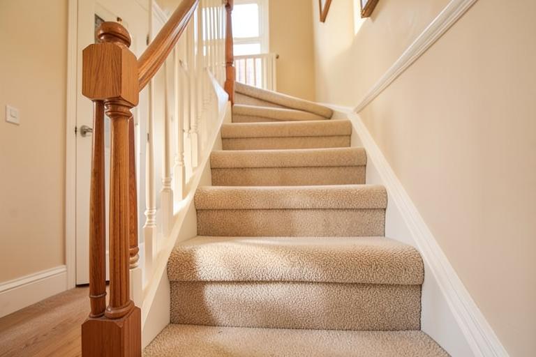 Staircase fitted with soft cream wool twist carpet