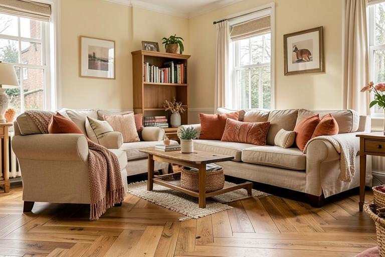 Living room with herringbone oak engineered wood flooring