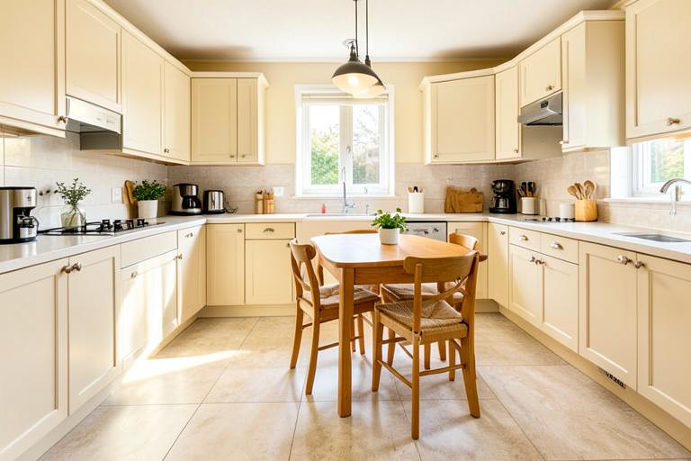 Kitchen diner with pale stone effect vinyl tile flooring